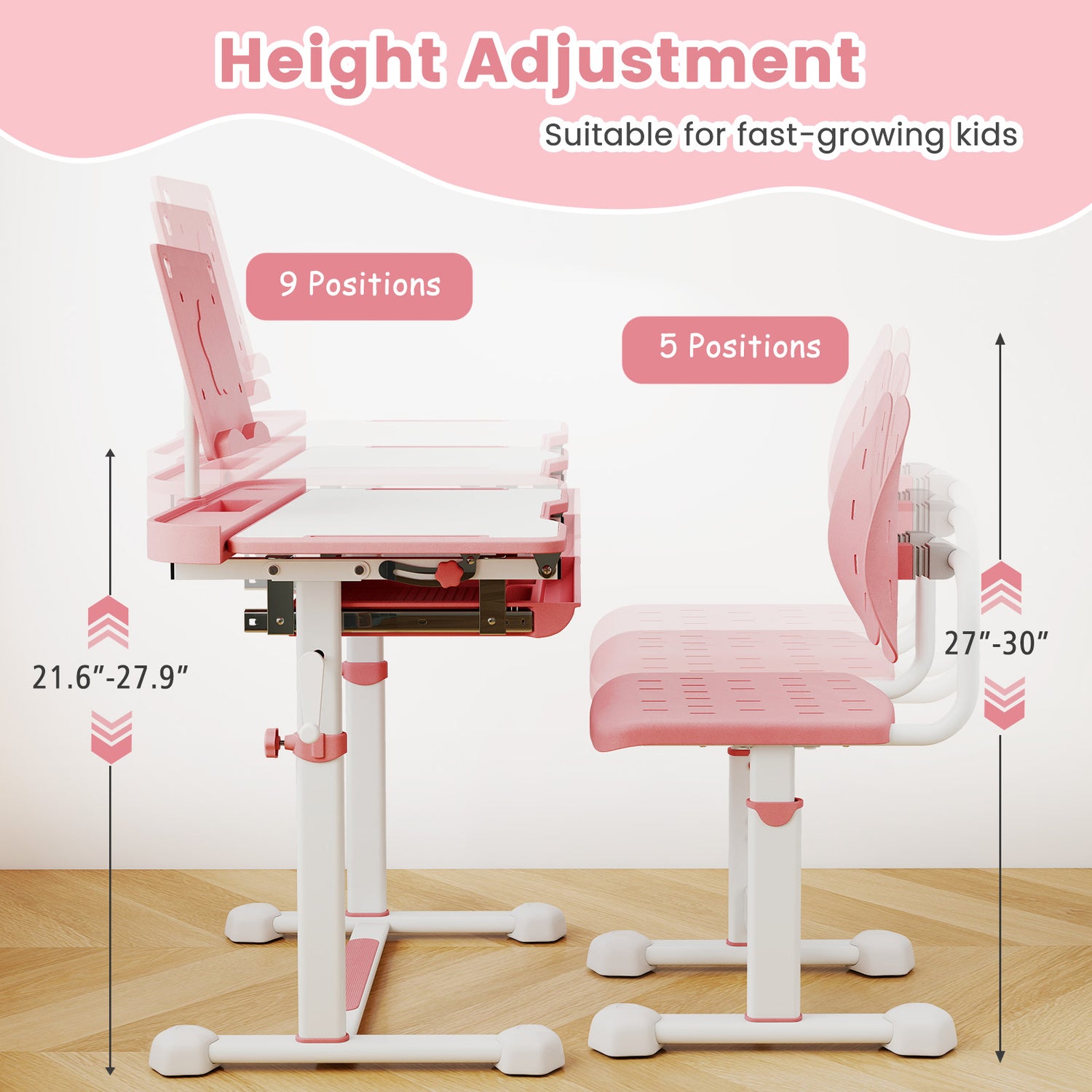 Kid's Study Desk and Chair Set with Tilt Desktop and Book Stand-Pink