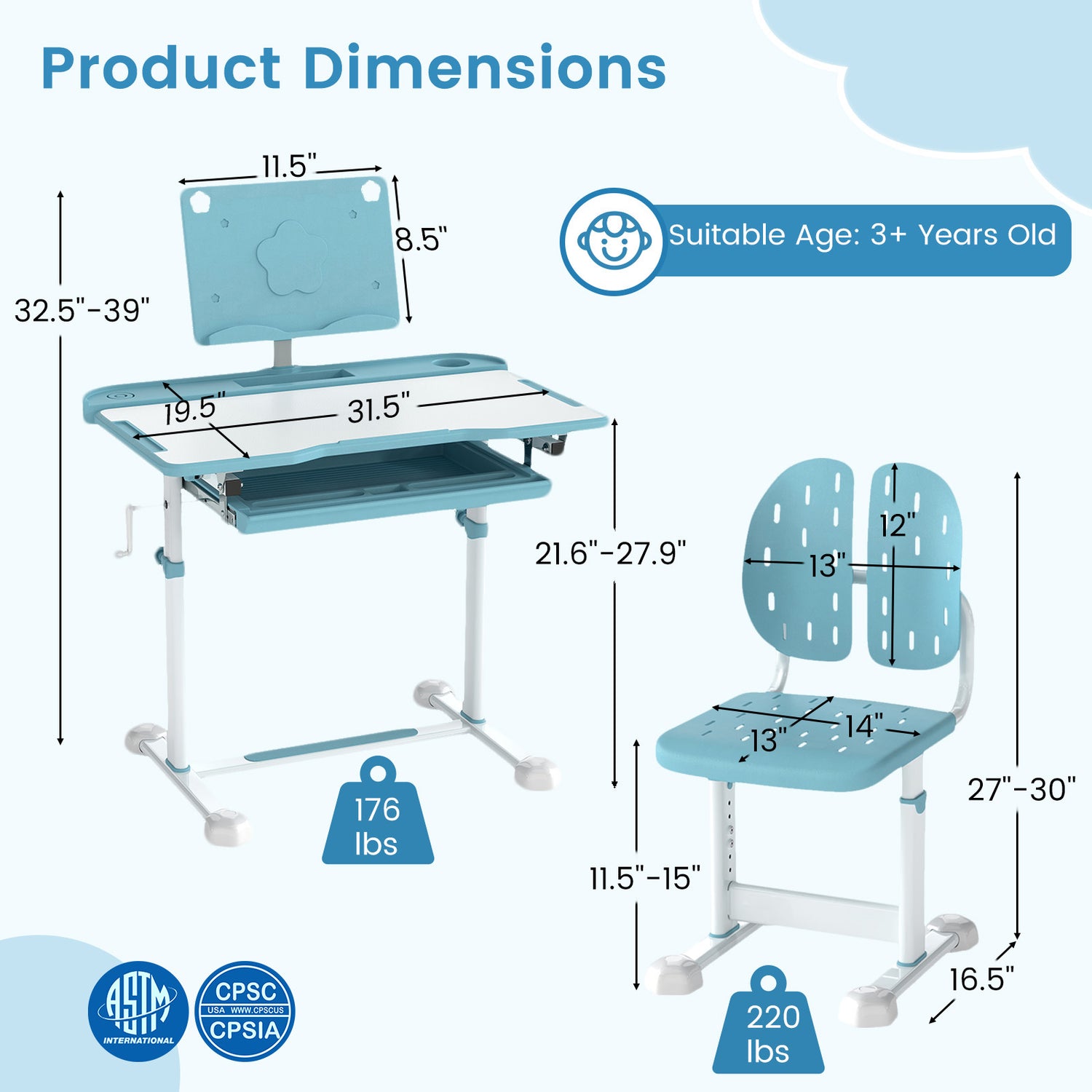 Kid's Study Desk and Chair Set with Tilt Desktop and Book Stand-Blue