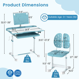 Kid's Study Desk and Chair Set with Tilt Desktop and Book Stand-Blue