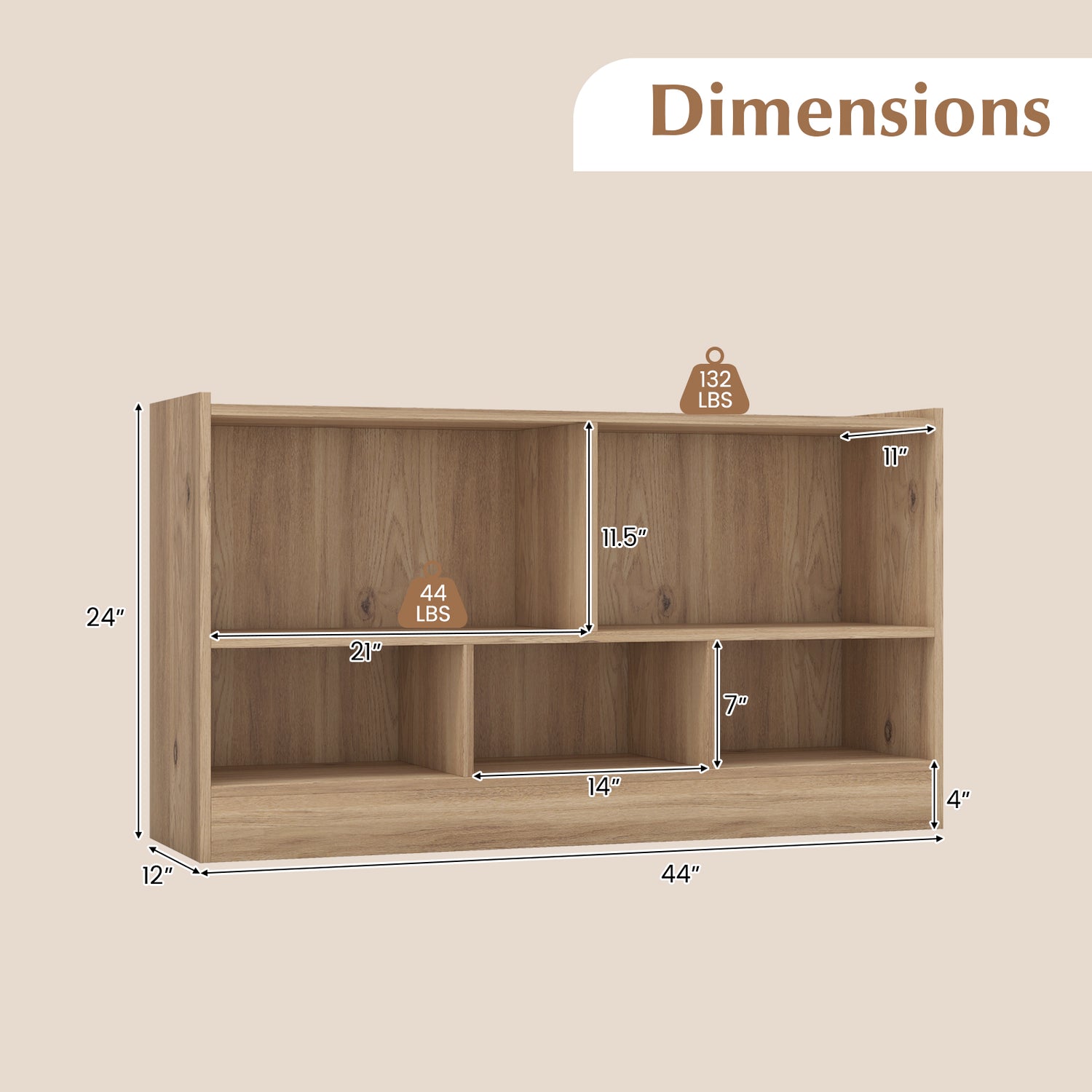 Kids 2-Shelf Bookcase 5-Cube Wood Toy Storage Cabinet Organizer-White