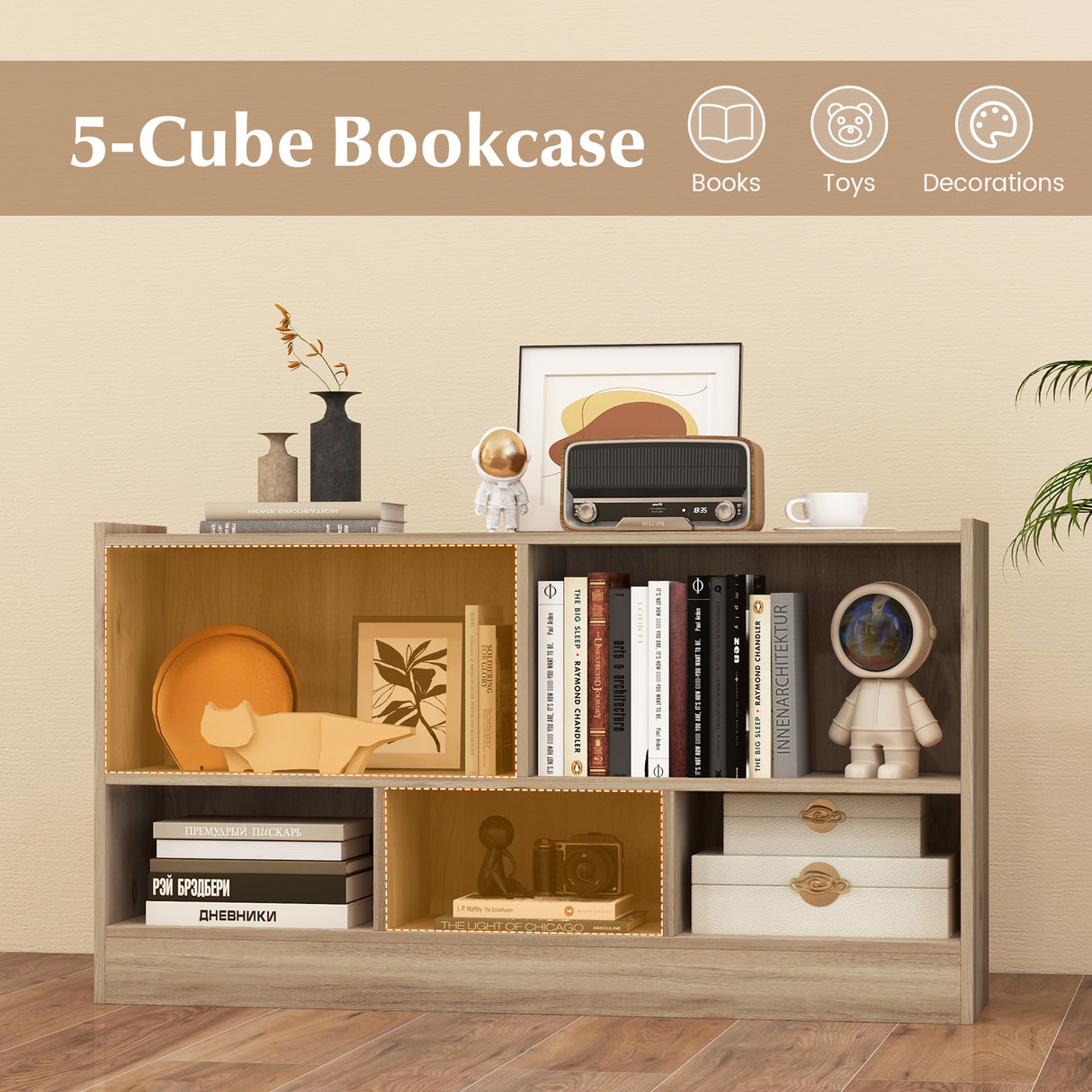 Kids 2-Shelf Bookcase 5-Cube Wood Toy Storage Cabinet Organizer-White