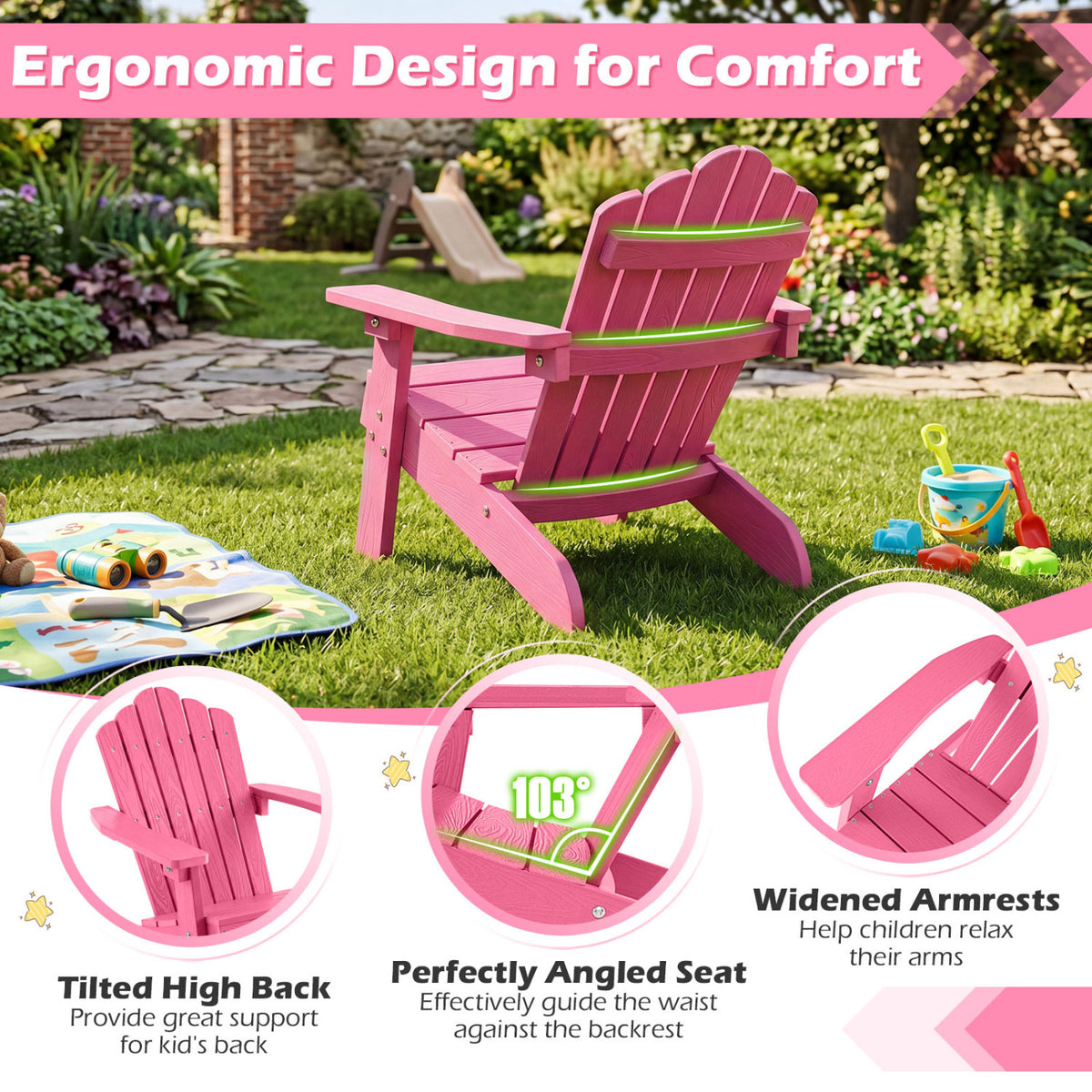 Kids Adirondack Chair All-weather Outdoor Chair for Children with Tilted High Backrest-Pink