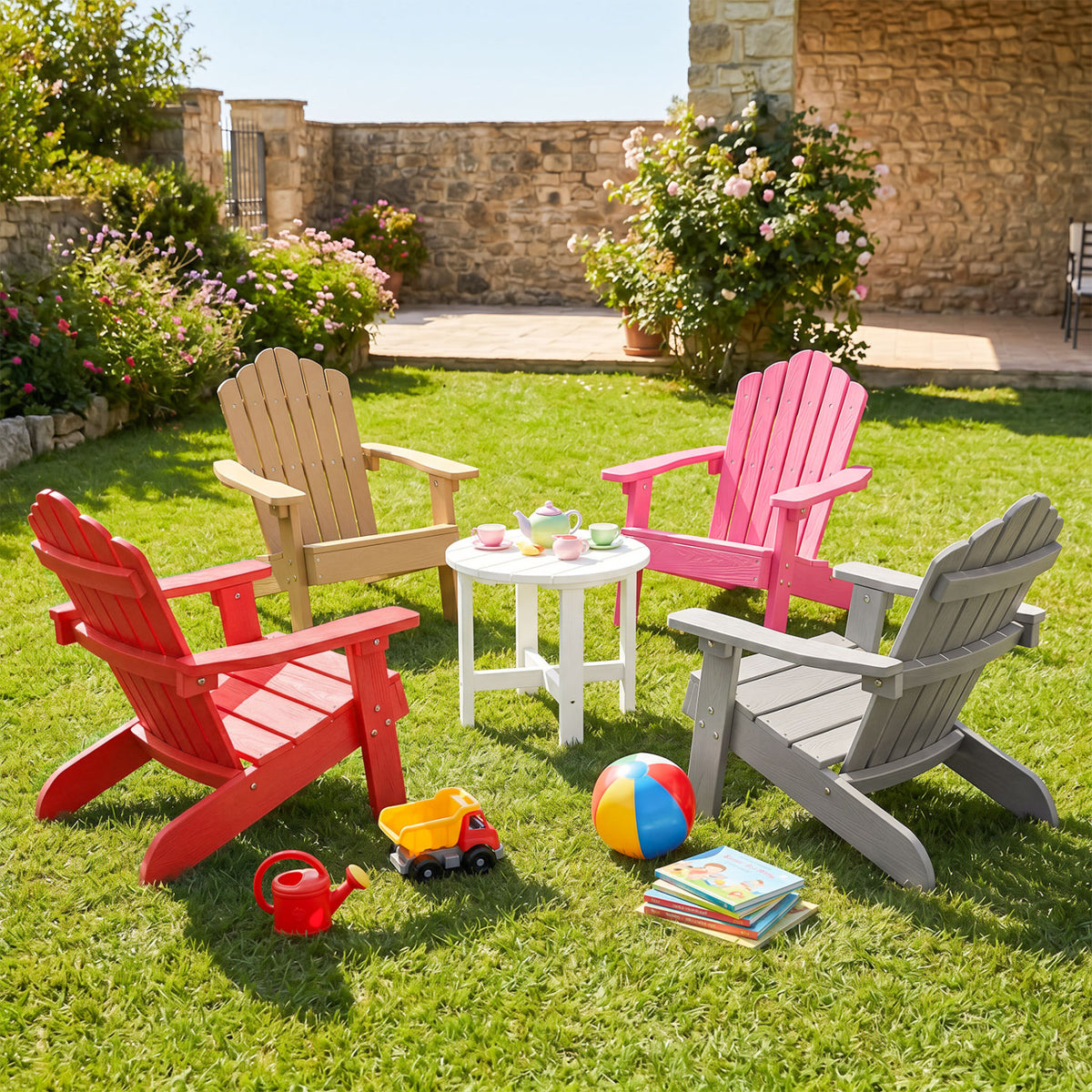 Kids Adirondack Chair All-weather Outdoor Chair for Children with Tilted High Backrest-Red
