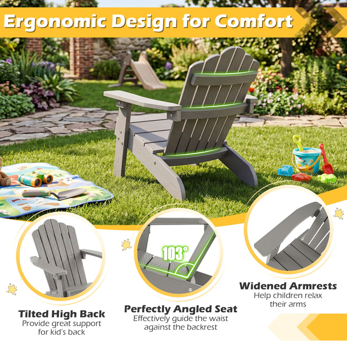 Kids Adirondack Chair All-weather Outdoor Chair for Children with Tilted High Backrest-Grey