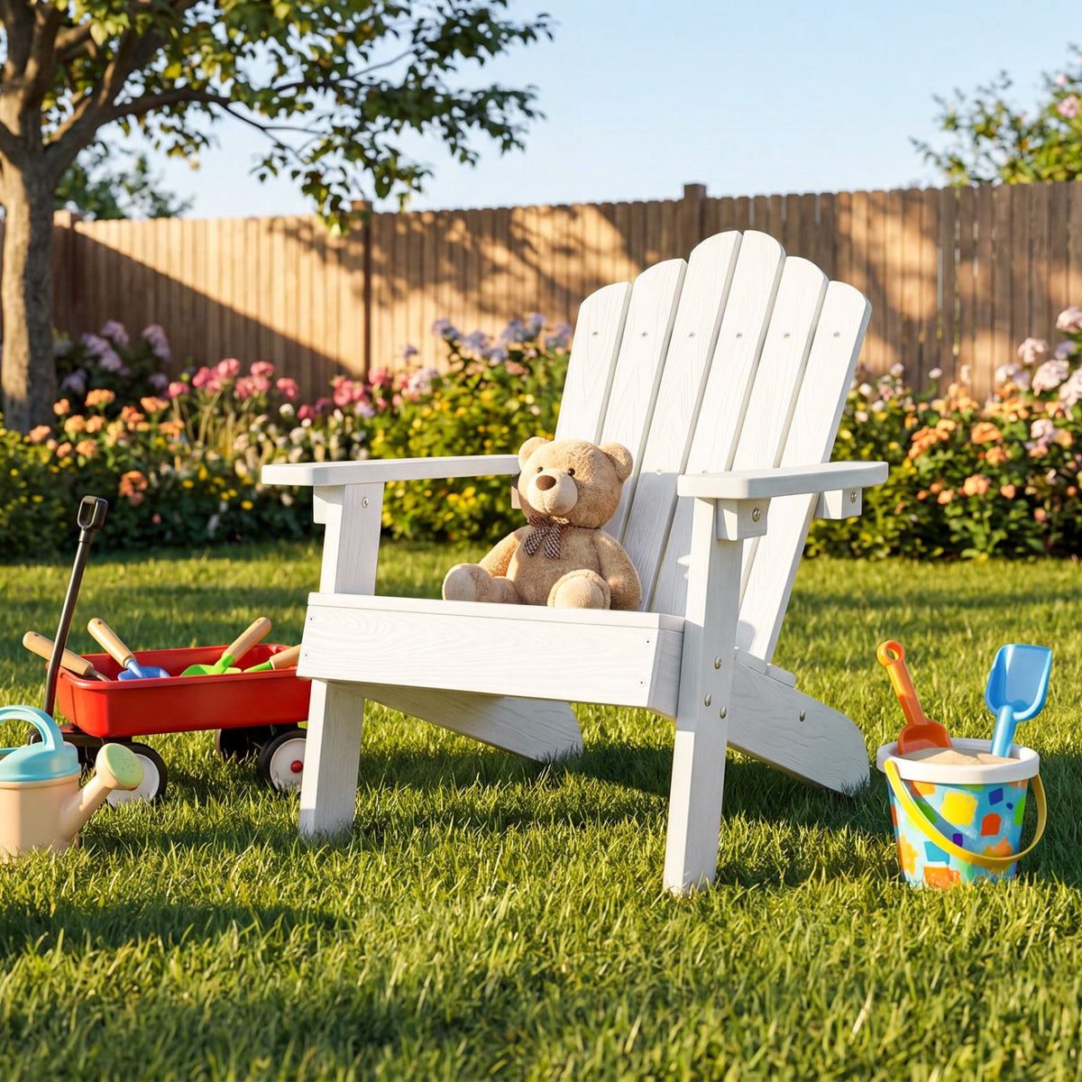 Kids Adirondack Chair All-weather Outdoor Chair for Children with Tilted High Backrest-White