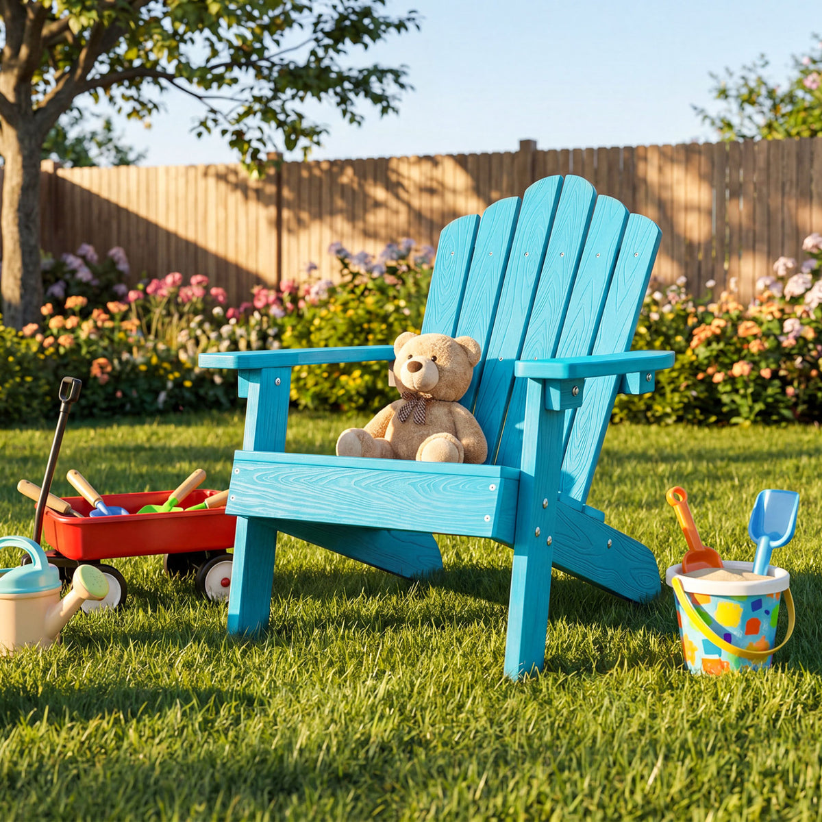 Kids Adirondack Chair All-weather Outdoor Chair for Children with Tilted High Backrest-Turqouise