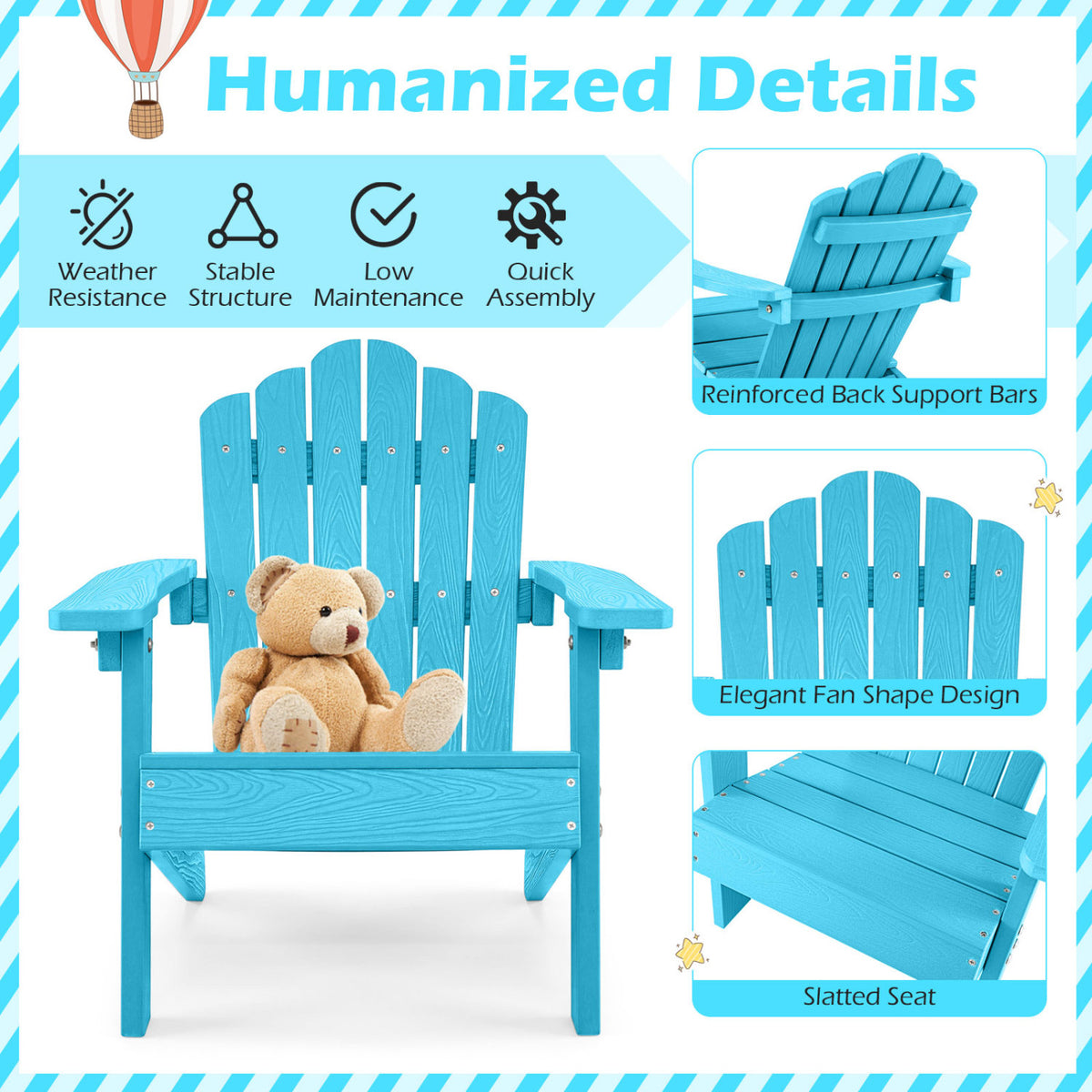 Kids Adirondack Chair All-weather Outdoor Chair for Children with Tilted High Backrest-Turqouise