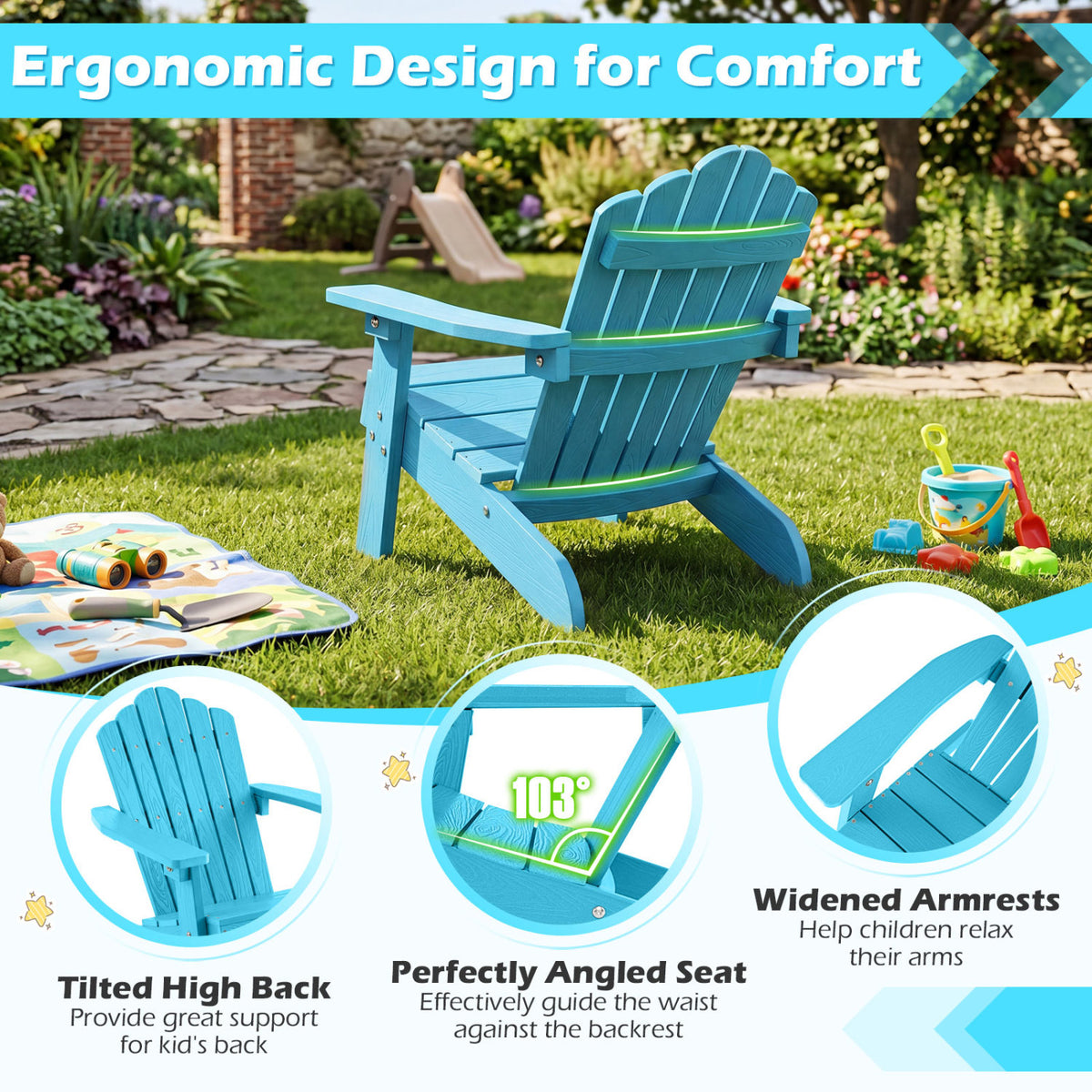 Kids Adirondack Chair All-weather Outdoor Chair for Children with Tilted High Backrest-Turqouise