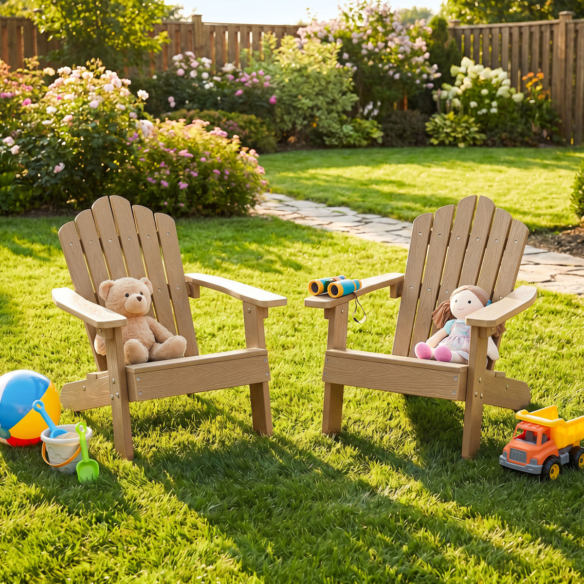 Kids Adirondack Chair All-weather Outdoor Chair for Children with Tilted High Backrest-Brown