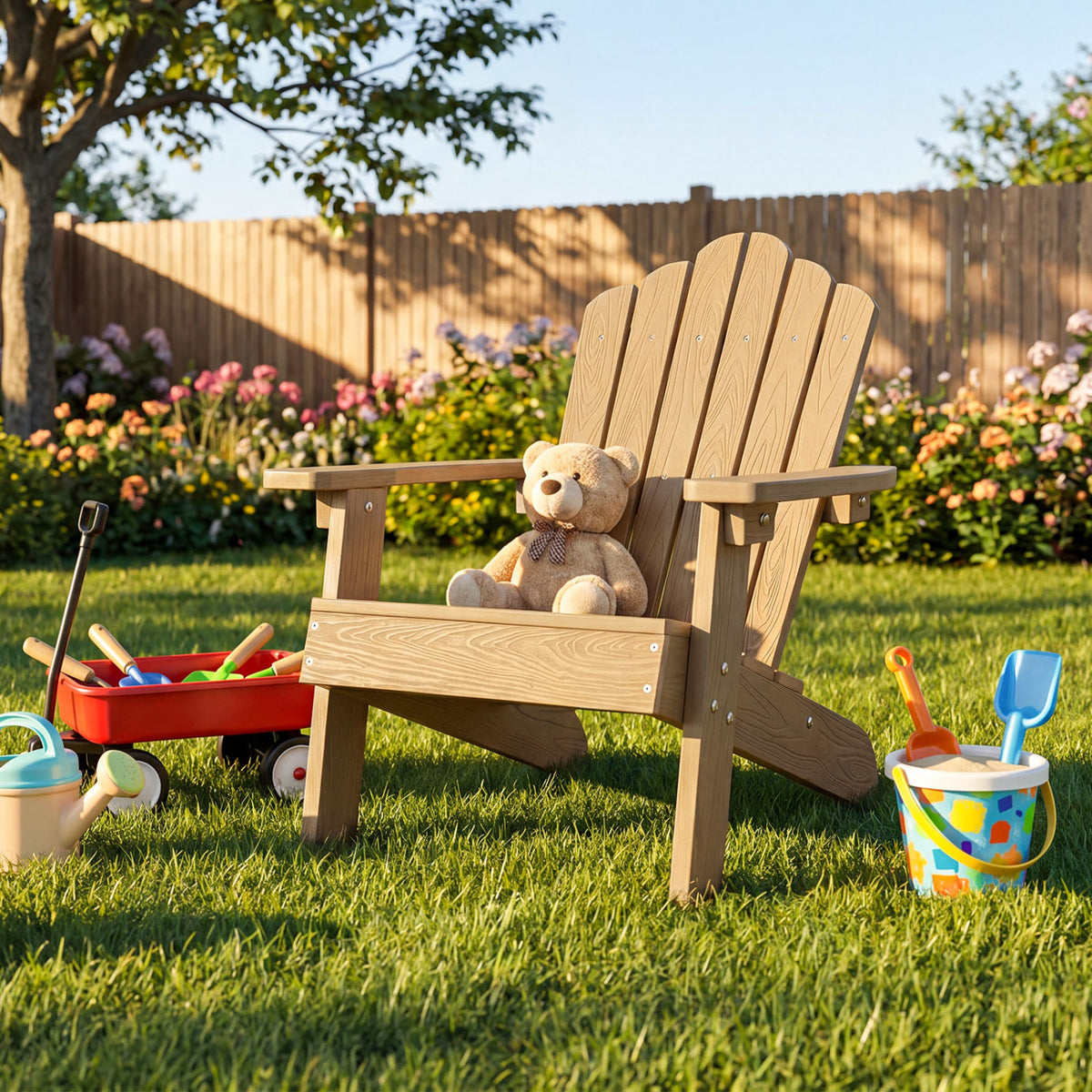 Kids Adirondack Chair All-weather Outdoor Chair for Children with Tilted High Backrest-Brown