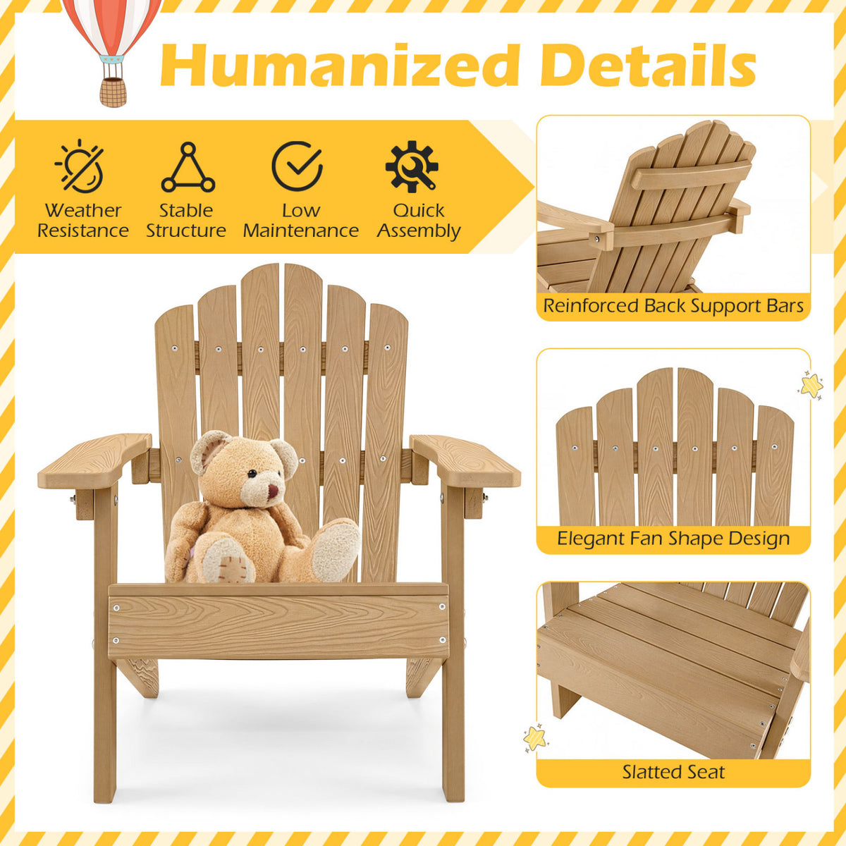 Kids Adirondack Chair All-weather Outdoor Chair for Children with Tilted High Backrest-Brown