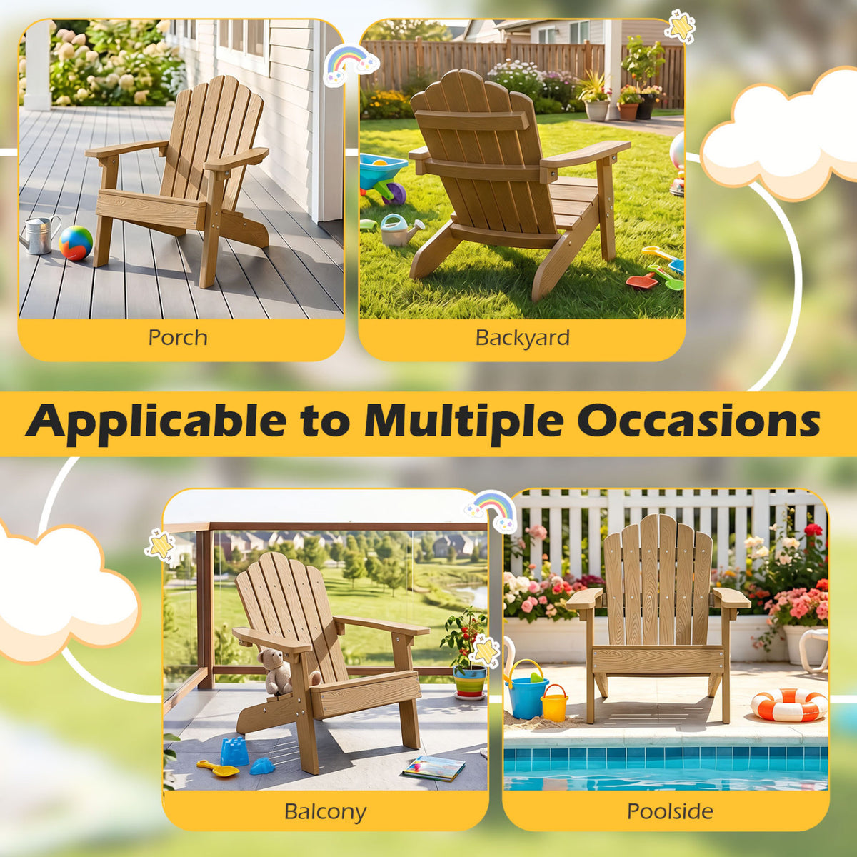 Kids Adirondack Chair All-weather Outdoor Chair for Children with Tilted High Backrest-Brown