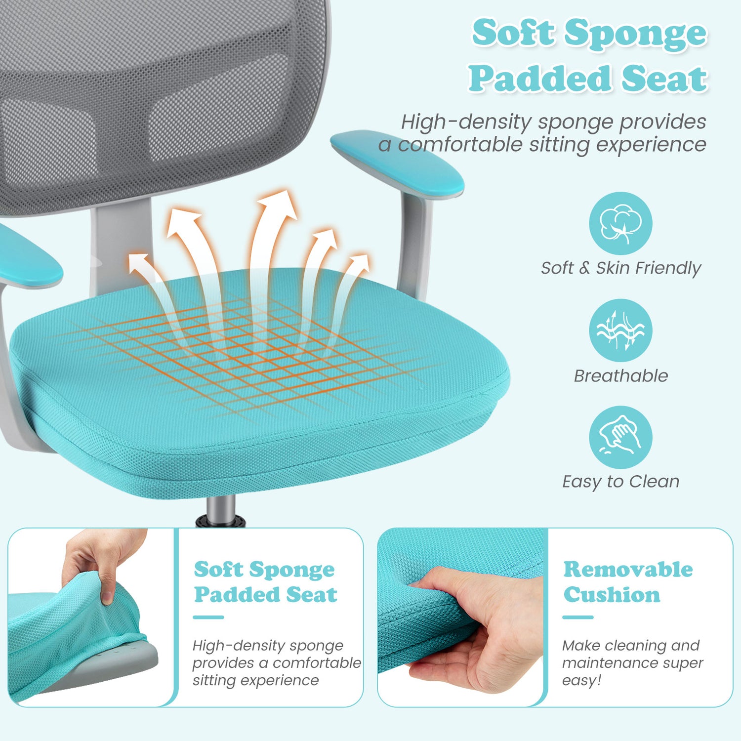 Adjustable Desk Chair with Auto Brake Casters for Kids-Turquoise