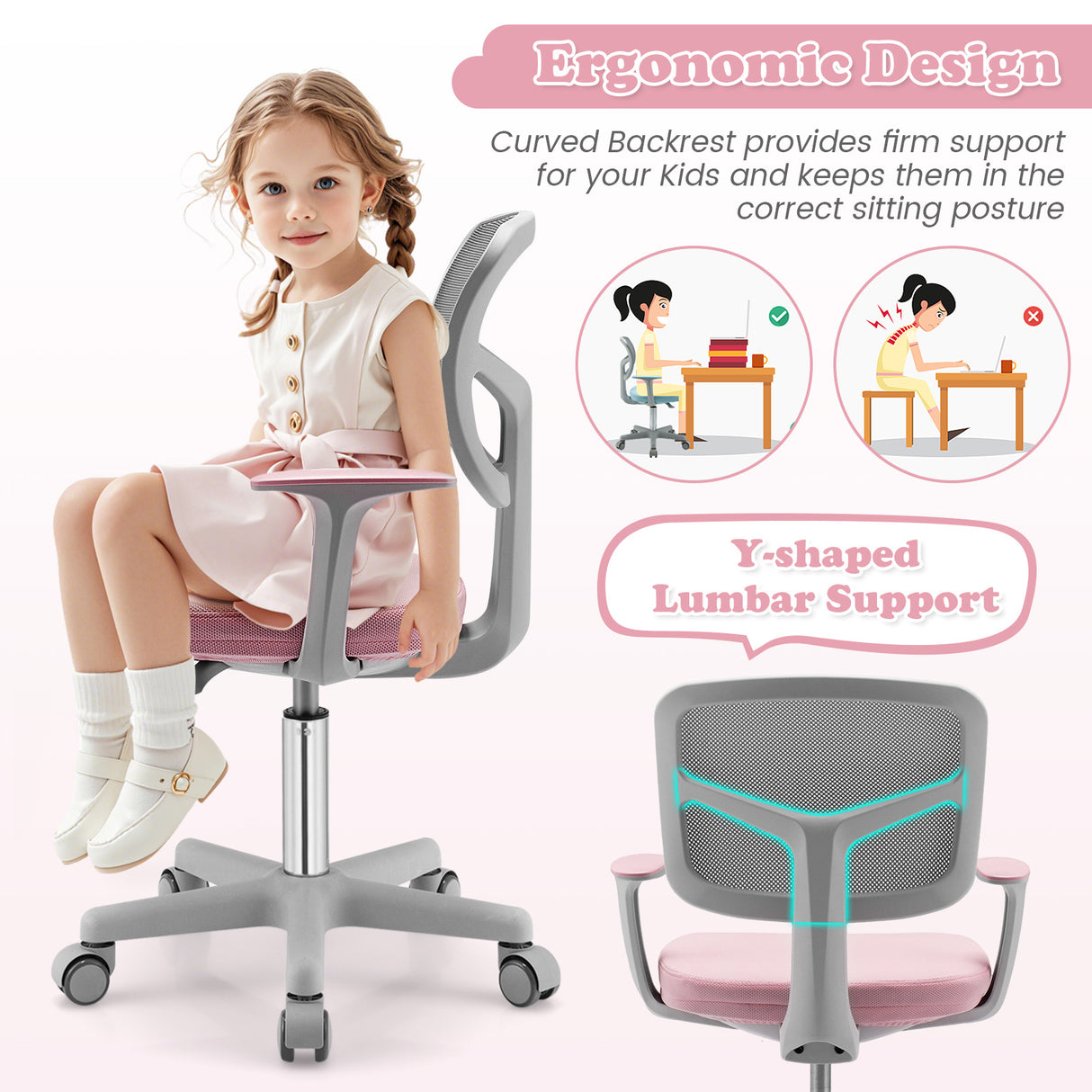 Adjustable Desk Chair with Auto Brake Casters for Kids-Blue