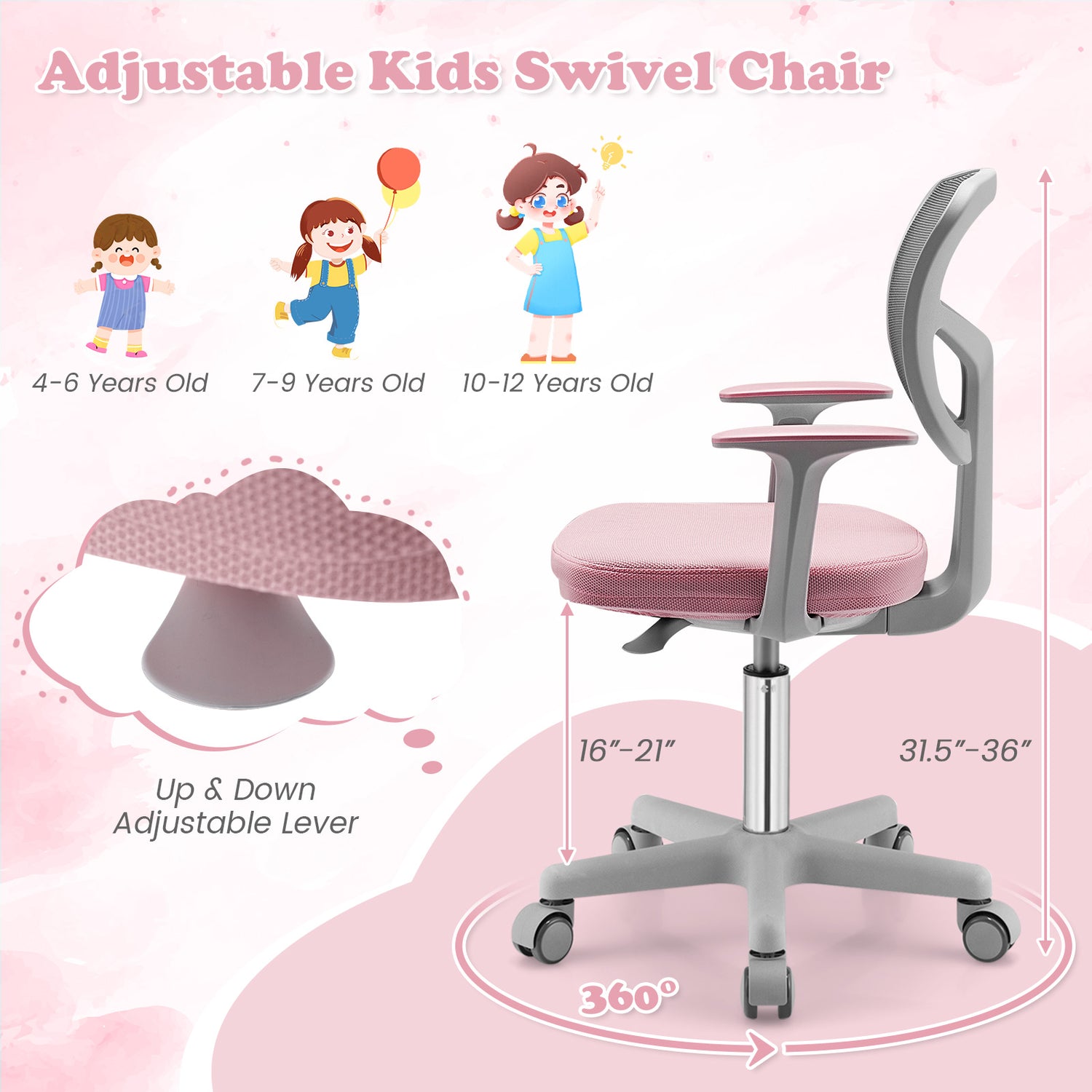 Adjustable Desk Chair with Auto Brake Casters for Kids-Blue