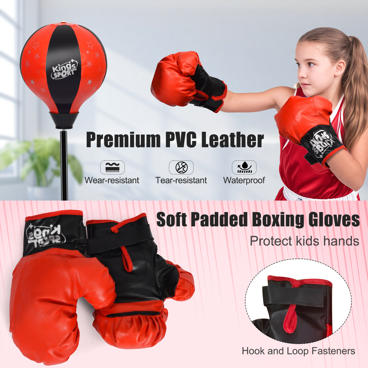 Kids Adjustable Stand Punching Bag Toy Set with Boxing Glove-Red