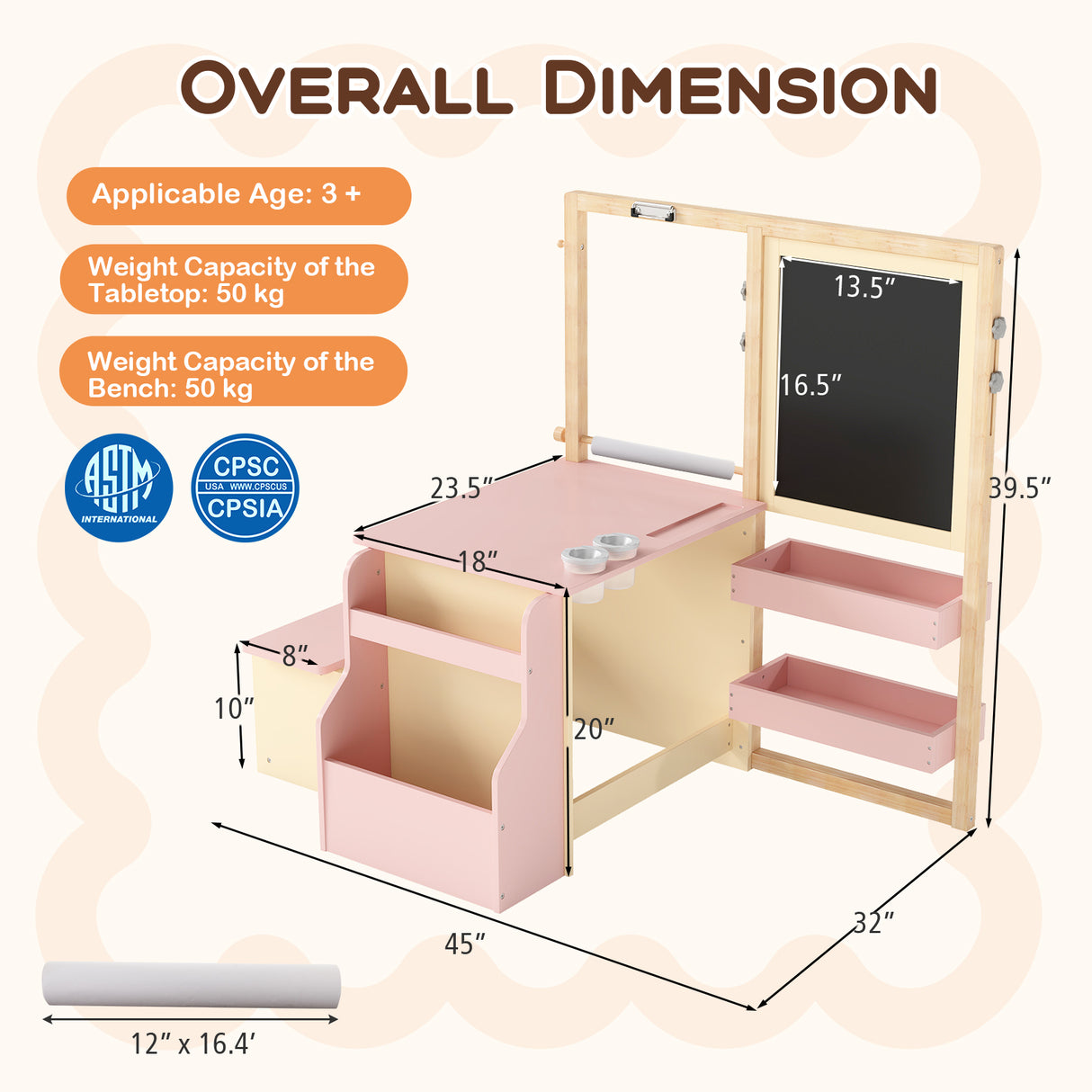 Kids Art Center Wooden Table Bench Set-Pink