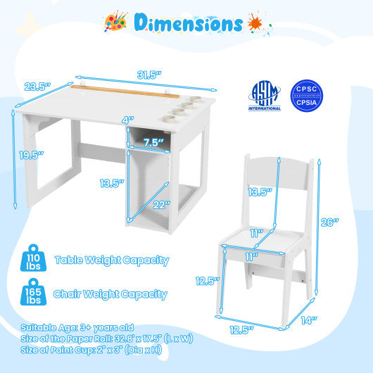 Kids Art Table and Chair Set Toddler Craft Drawing Desk-White