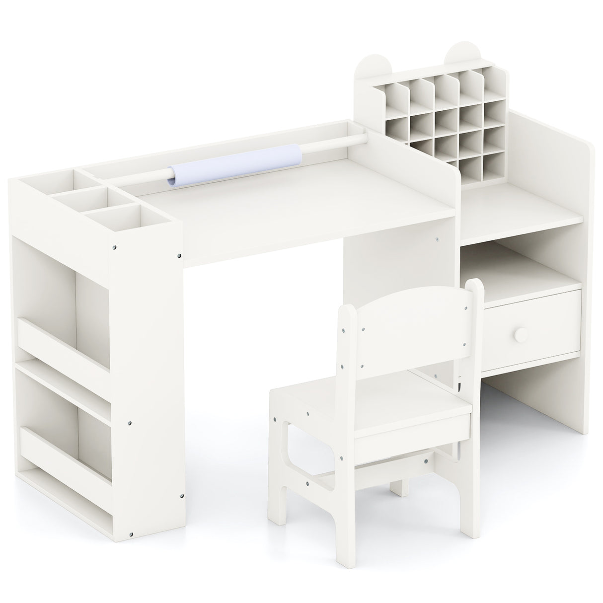 Kids Art Table and Chair Set with Detachable Paper Roll Holder and Cabinet-White