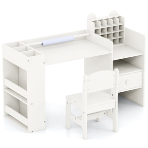Kids Art Table and Chair Set with Detachable Paper Roll Holder and Cabinet-White