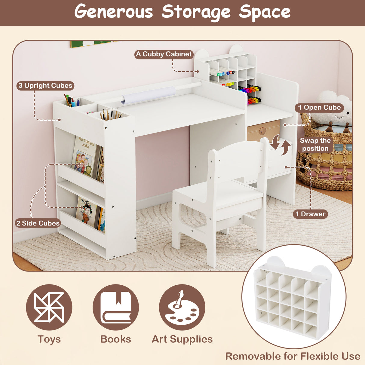 Kids Art Table and Chair Set with Detachable Paper Roll Holder and Cabinet-White