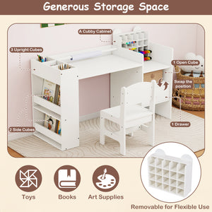 Kids Art Table and Chair Set with Detachable Paper Roll Holder and Cabinet-White