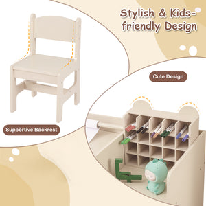 Kids Art Table and Chair Set with Detachable Paper Roll Holder and Cabinet-Natural