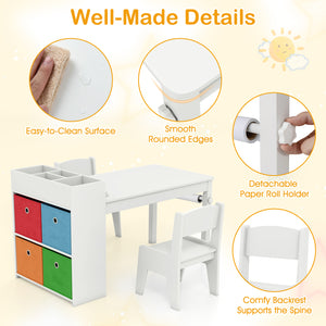 Kids Art Table and Chairs Set with 2 Chairs and Paper Roll-White