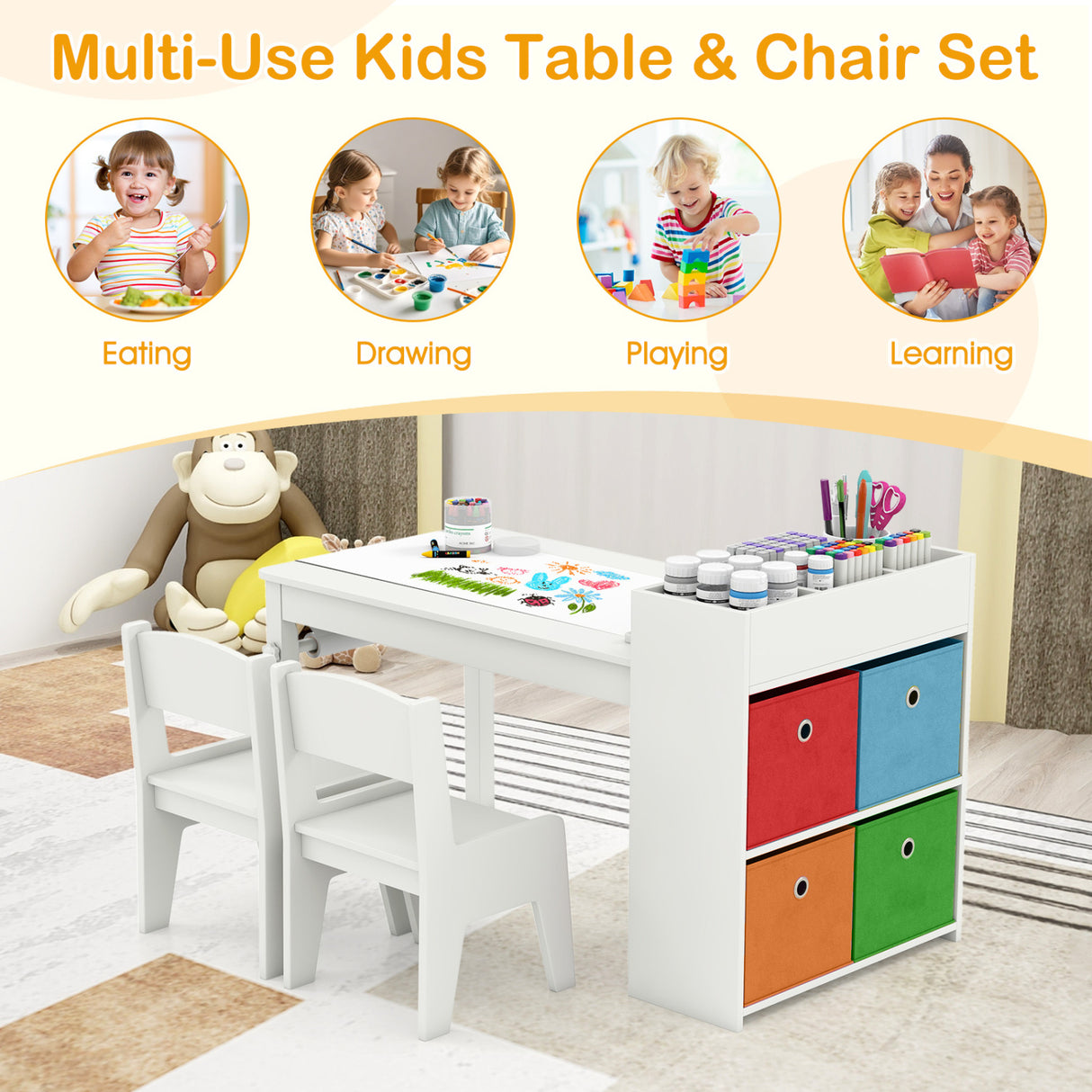 Kids Art Table and Chairs Set with 2 Chairs and Paper Roll-White