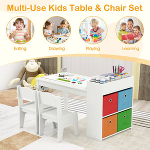 Kids Art Table and Chairs Set with 2 Chairs and Paper Roll-White