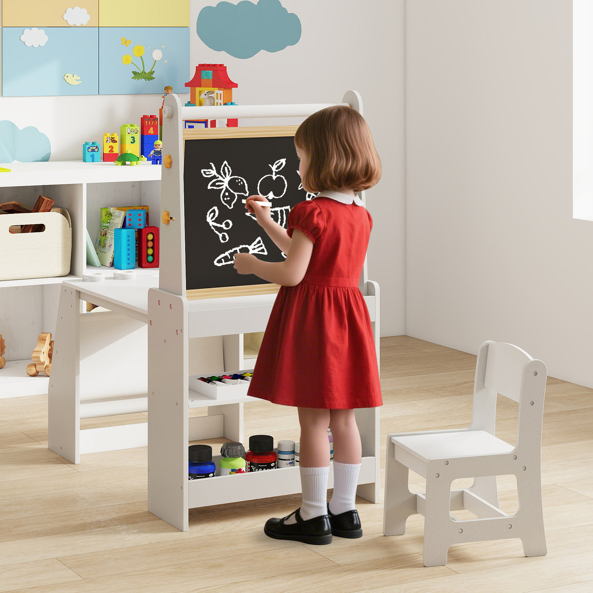 Kids Art Table and Chair Set with Easel and Chair for Drawing Reading-Grey