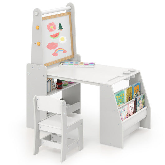 Kids Art Table and Chair Set with Easel and Chair for Drawing Reading-Grey