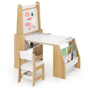 Kids Art Table and Chair Set with Easel and Chair for Drawing Reading-Natural