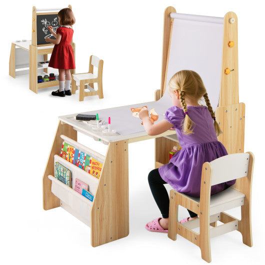 Kids Art Table and Chair Set with Easel and Chair for Drawing Reading-Natural