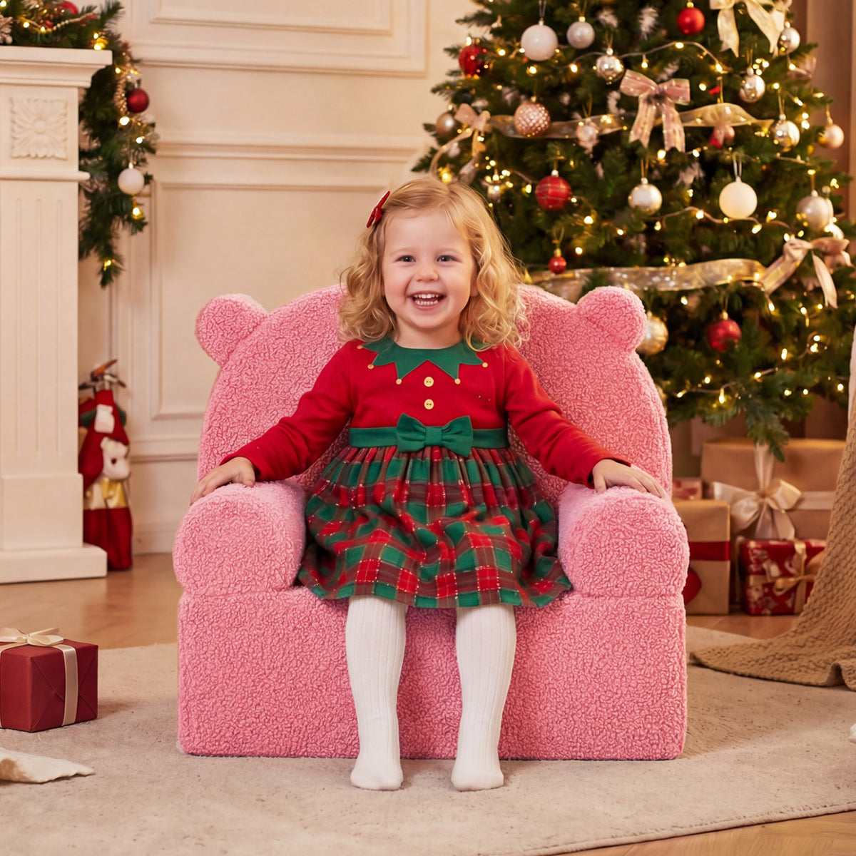 Kids Bear Sofa Toddler Foam Couch with Soft Fleece Fabric Cover-Pink
