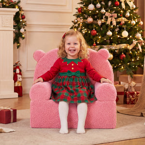 Kids Bear Sofa Toddler Foam Couch with Soft Fleece Fabric Cover-Pink