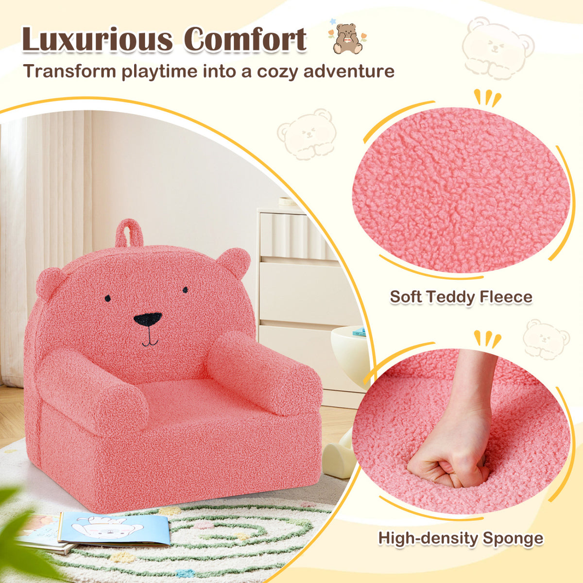 Kids Bear Sofa Toddler Foam Couch with Soft Fleece Fabric Cover-Pink