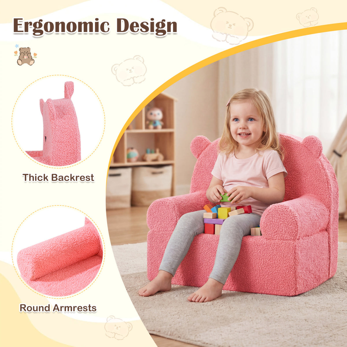 Kids Bear Sofa Toddler Foam Couch with Soft Fleece Fabric Cover-Pink