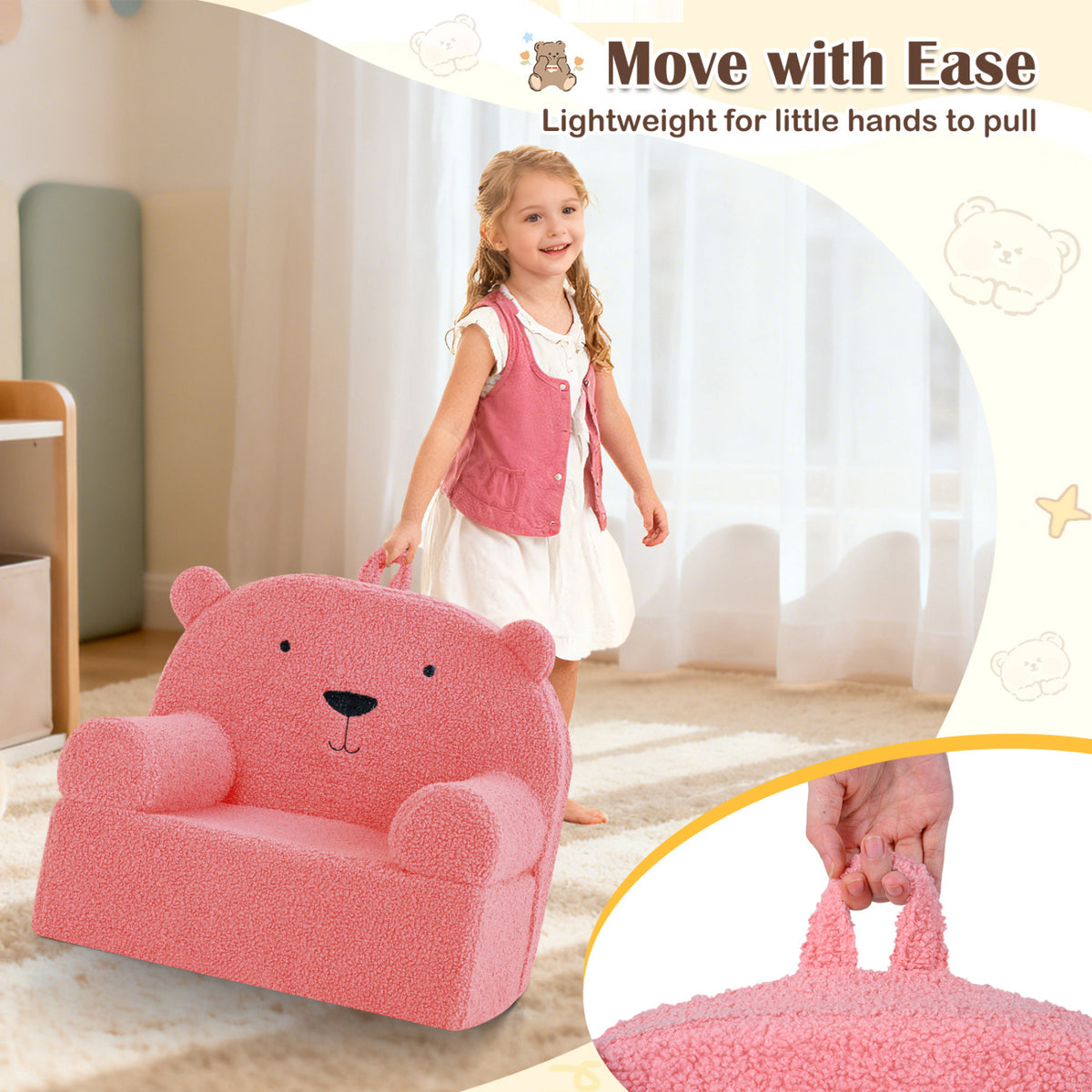 Kids Bear Sofa Toddler Foam Couch with Soft Fleece Fabric Cover-Pink