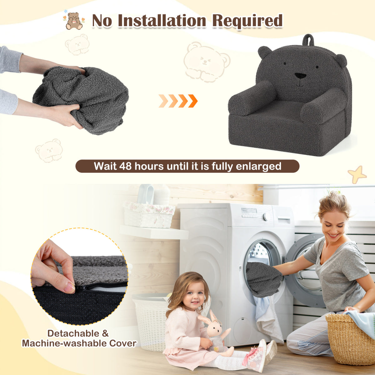 Kids Bear Sofa Toddler Foam Couch with Soft Fleece Fabric Cover-Gray