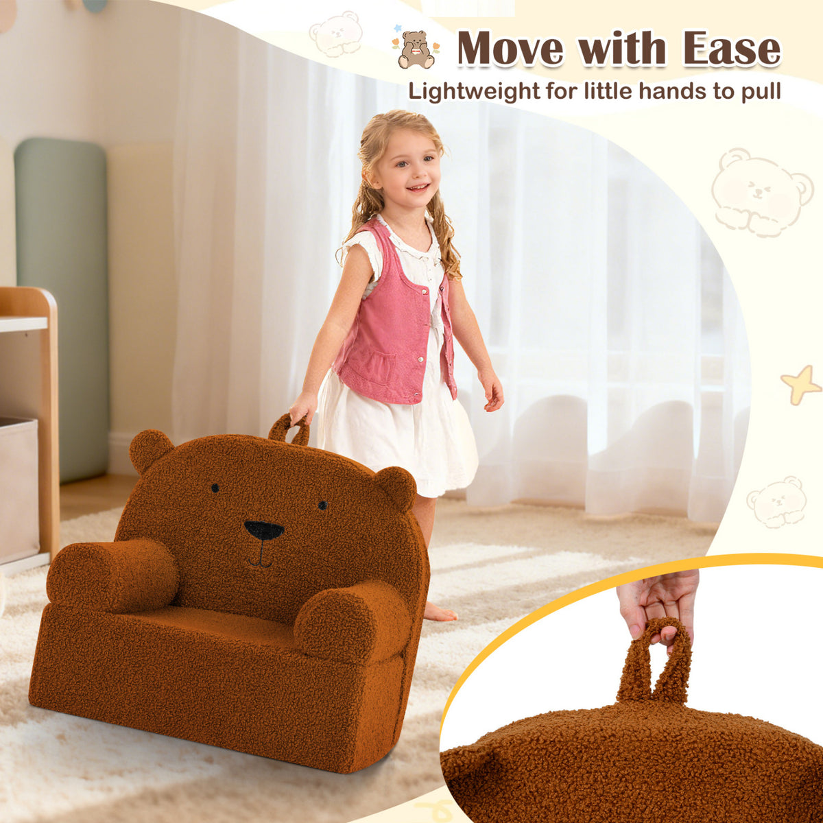 Kids Bear Sofa Toddler Foam Couch with Soft Fleece Fabric Cover-Brown