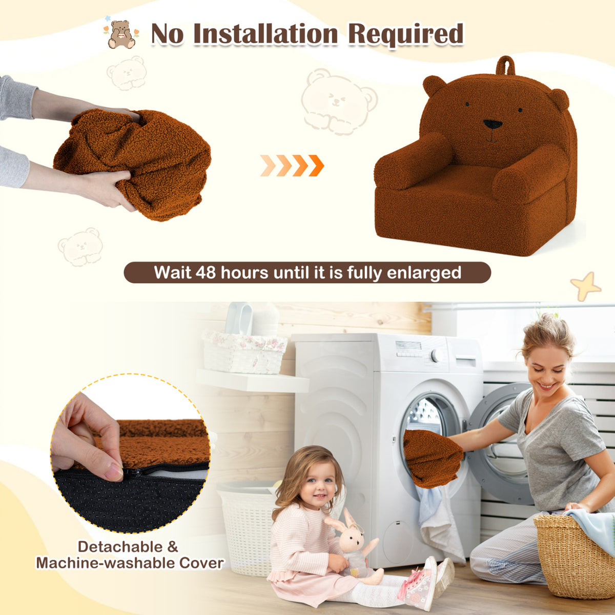 Kids Bear Sofa Toddler Foam Couch with Soft Fleece Fabric Cover-Brown