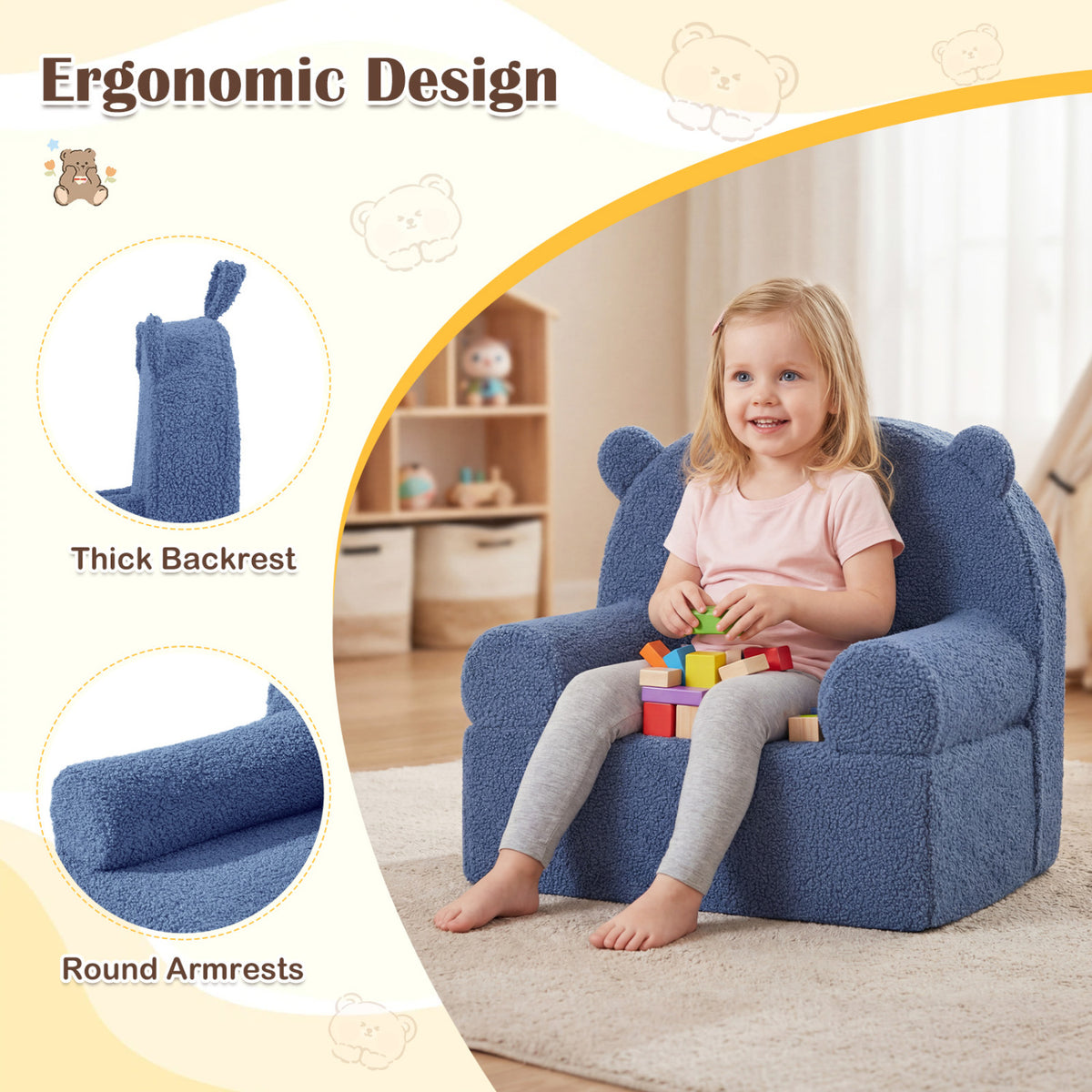 Kids Bear Sofa Toddler Foam Couch with Soft Fleece Fabric Cover-Navy