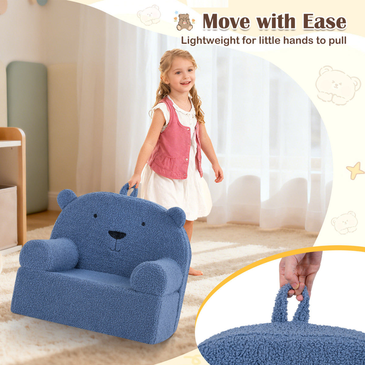 Kids Bear Sofa Toddler Foam Couch with Soft Fleece Fabric Cover-Navy