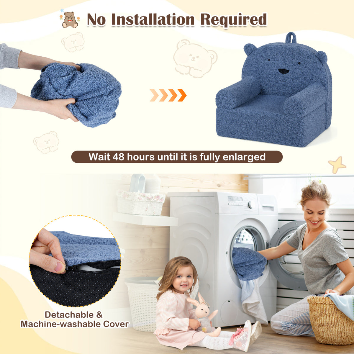 Kids Bear Sofa Toddler Foam Couch with Soft Fleece Fabric Cover-Navy