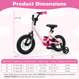 Kids Bike for 3-7 Years Old Boys and Girls 12/14/16-Inch Children Bicycle-Pink 12 Inch