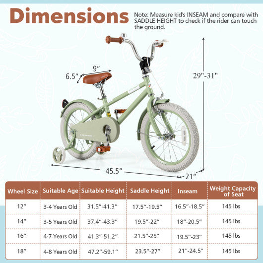 Kids Bike with Adjustable Handlebar and Saddle Green-16 Inches