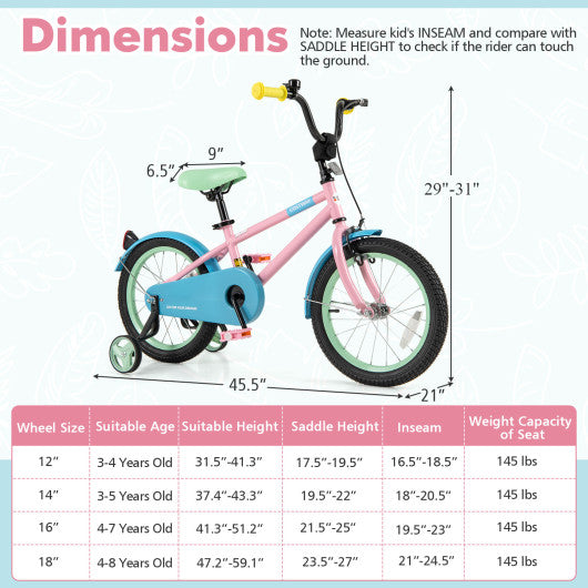 Kids Bike with Adjustable Handlebar and Saddle Pink-16 Inches
