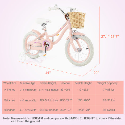 14-Inch Kids Bike with Training Wheels and Adjustable Handlebar Seat-Pink