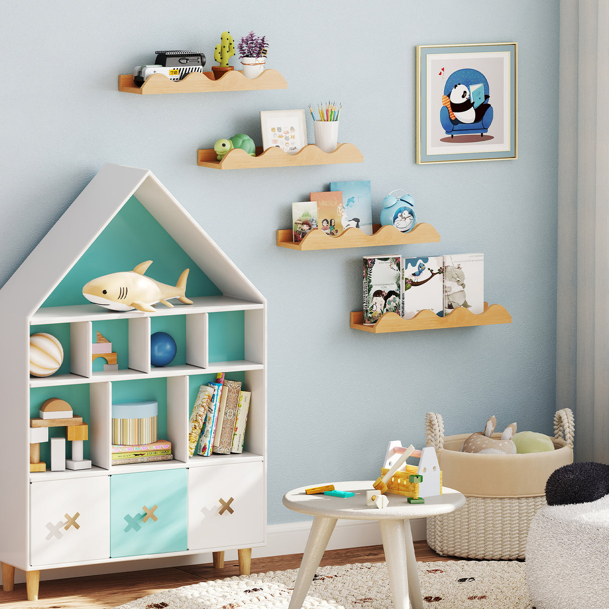16 Inch Kids Bookshelf Set of 4 Floating Nursery Book Shelves for Decoration Book Toy Storage-Natural